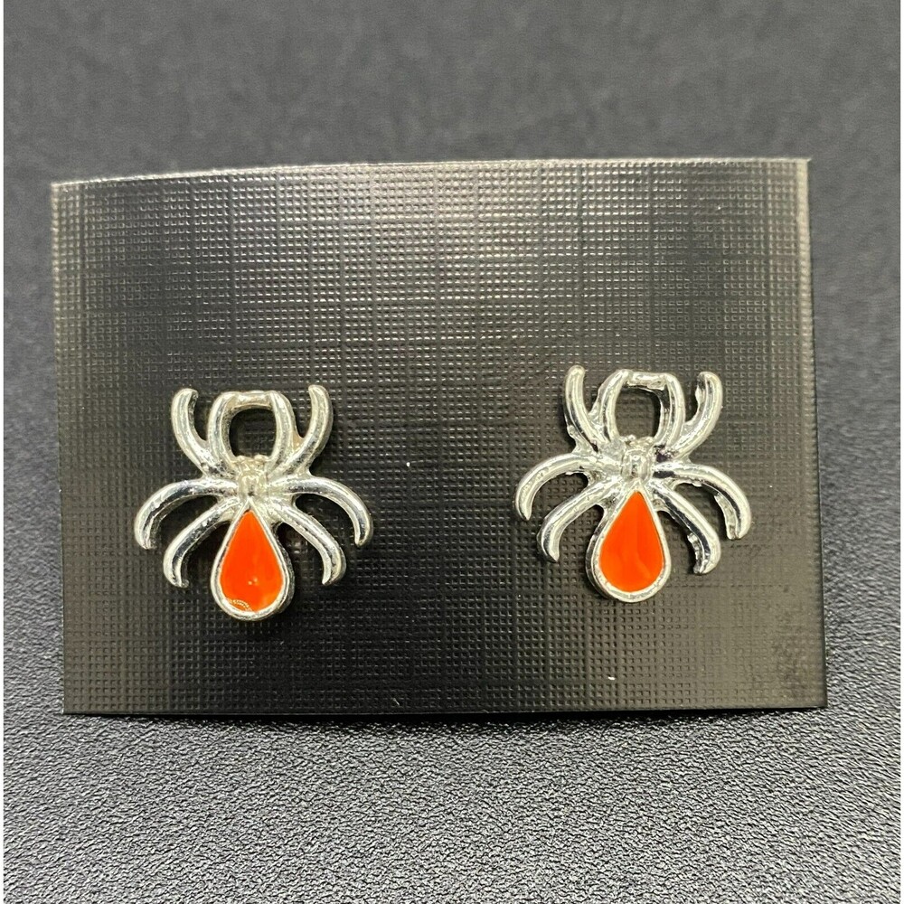 Fluorescent Orange Spider Stud Earrings Silver Tone Halloween Jewelry